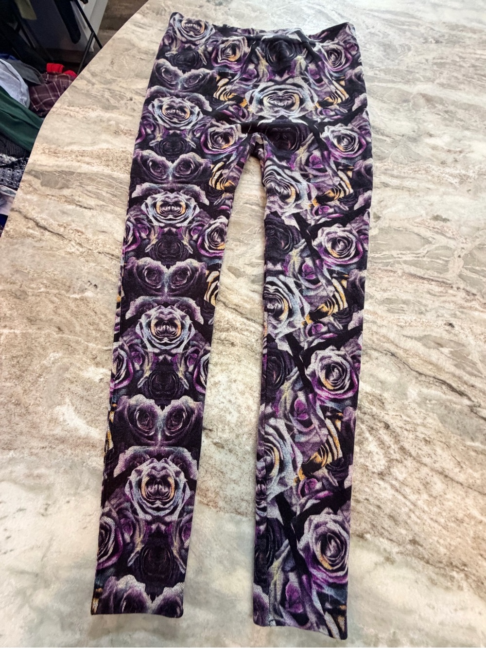 AB Purple Rose Floral Leggings A/B Stretch Pull On Yoga Lounge Pants